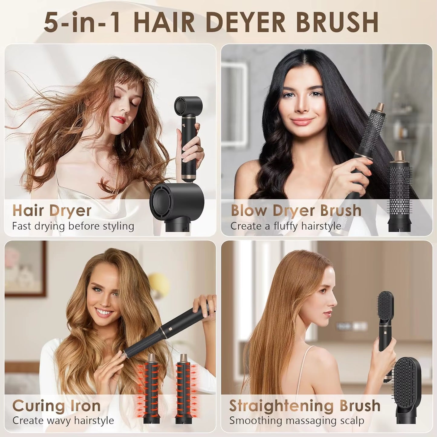5 in 1 Hair Dryer Brush, Negative Ion Blow Dryer Brush Set Upgrade Hot Air Brush Curling Wrap Air Curler, Curling Iron Hair